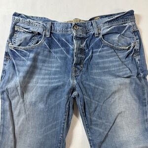 BKE Derek Jeans Mens 36x34 Button Fly Boot Cut Blue Denim Whiskered Distressed